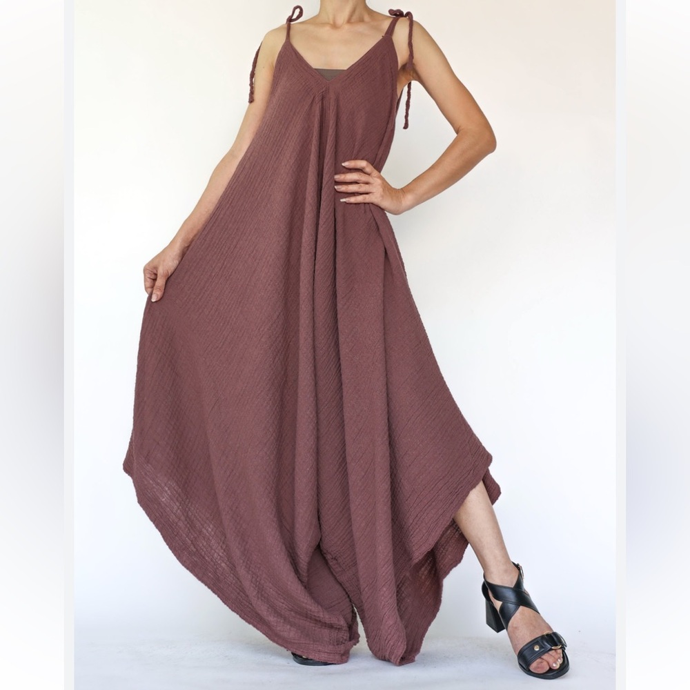 Bagus Brown Lagenlook Style Wide Leg V Neck Boho Casual Jumpsuit Tie Straps OS